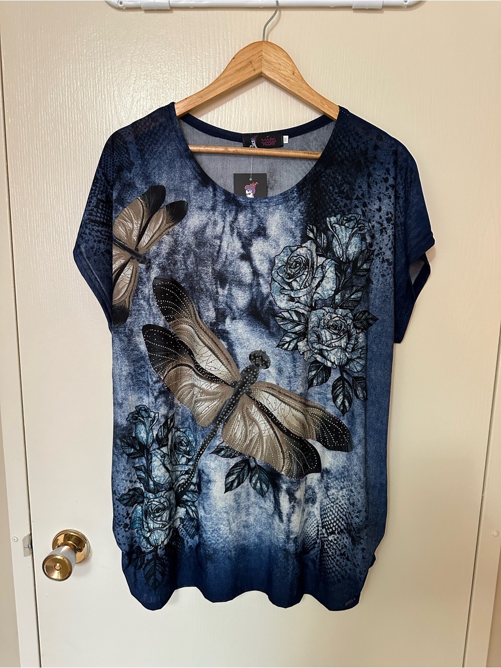 2 for 20 Women’s Navy Blue Dragonfly & Rose Print Tee